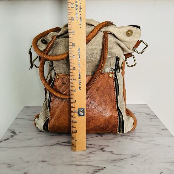 Mona B Tan Canvas And Leather Satchel Shoulder Bag - Picture 5 of 10